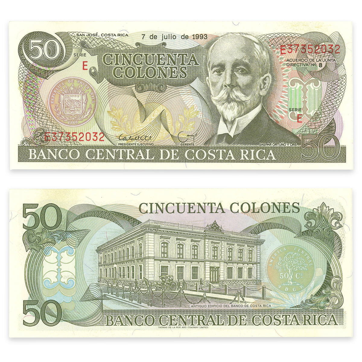 Costa Rica 50 Colones 1993 Prefix E CUNC-63