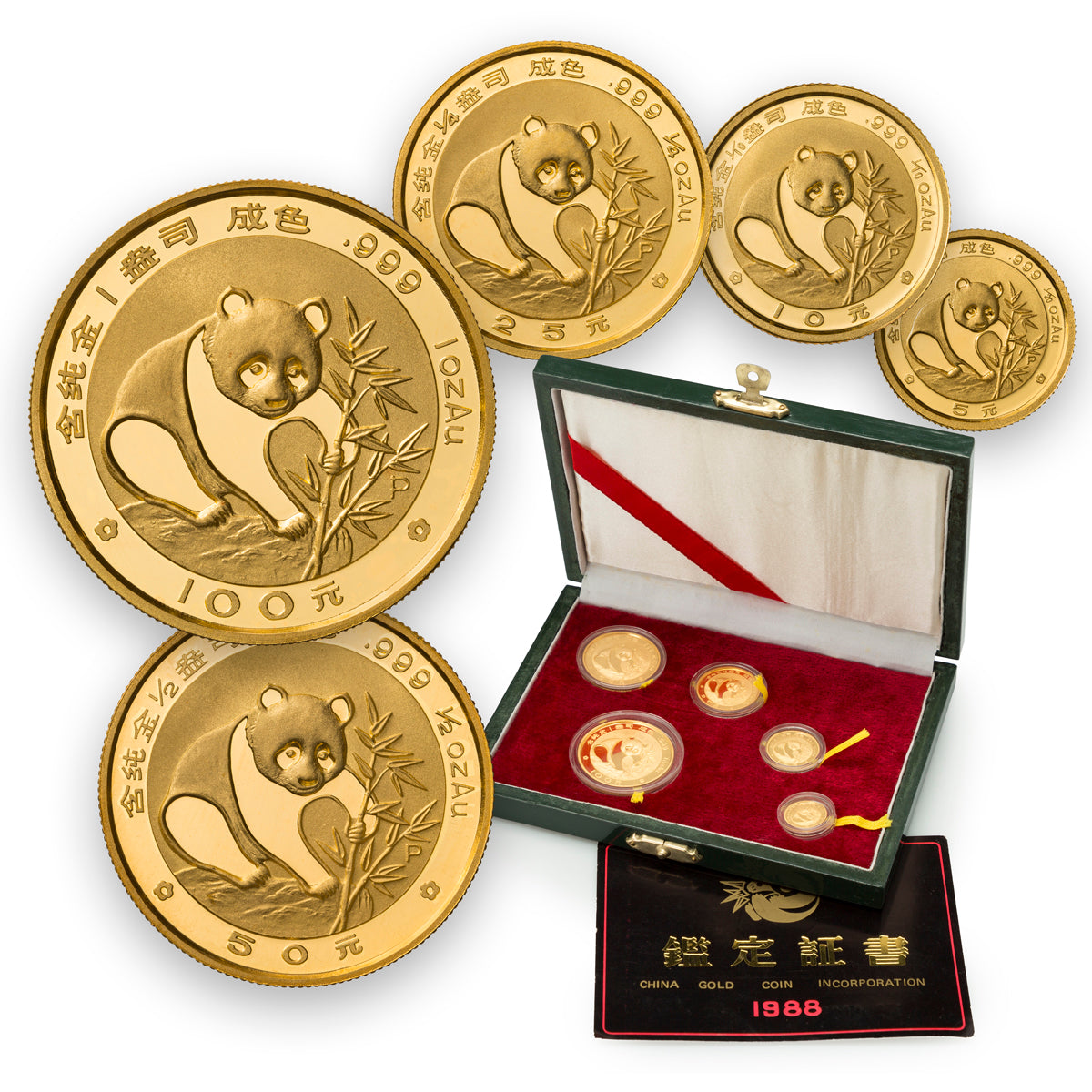 1988 China Gold Panda: Gold - Pure Gold 5 Coin Set