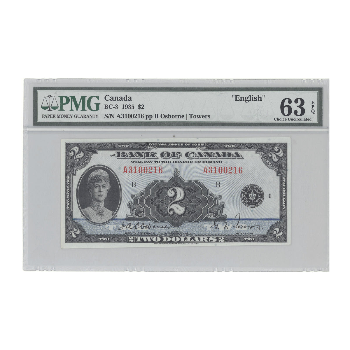 $2 1935B BC-3 English Osborne-Towers Prefix A PMG CUNC-63