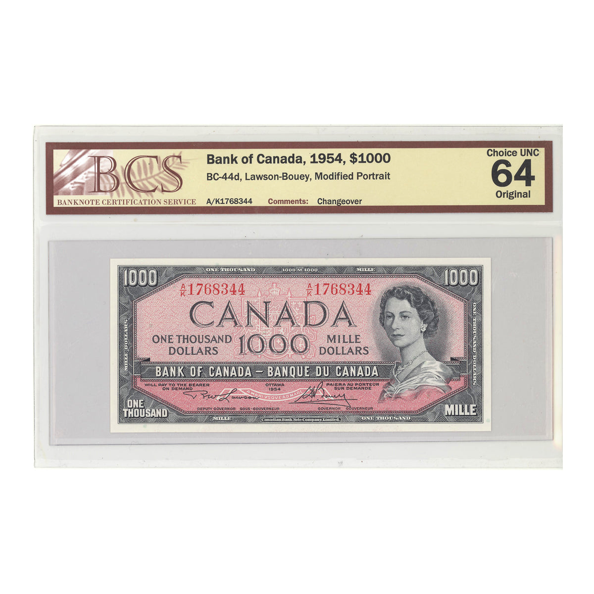 $1000 1954 Modified Series BC-44d English Lawson-Bouey Prefix A/K BCS CUNC-64