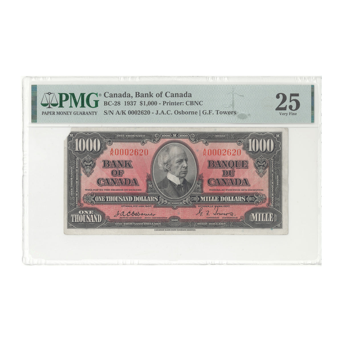 $1000 1937 BC-28 English Osborne-Towers Prefix A/K PMG VF-25