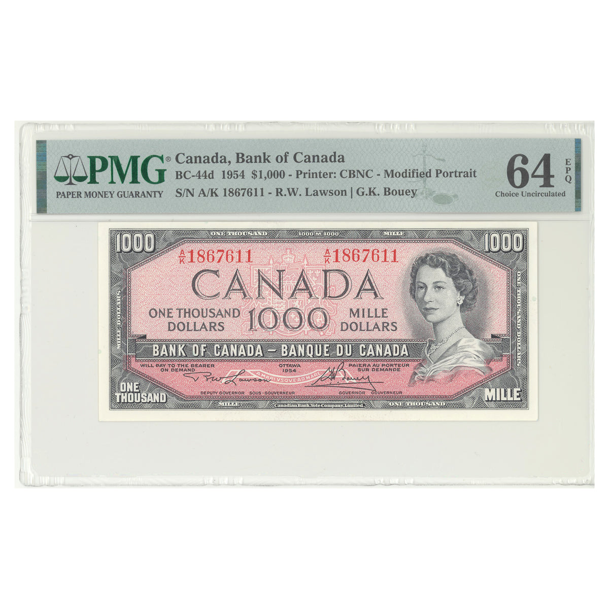 $1000 1954 Modified Series BC-44d English Lawson-Bouey Prefix A/K PMG CUNC-64