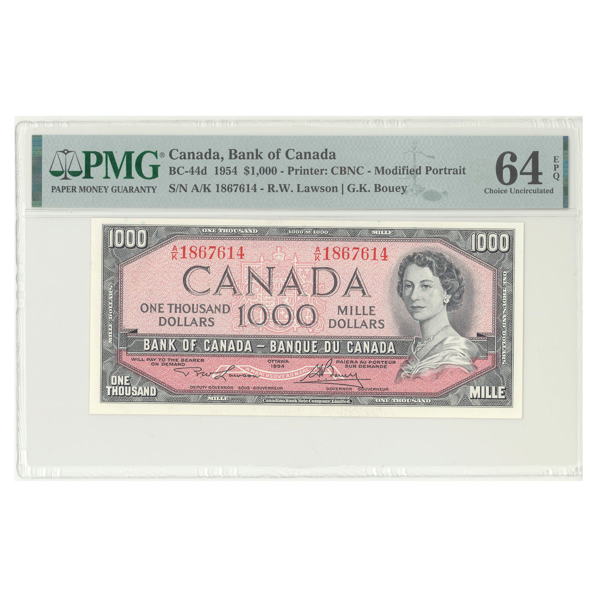 $1000 1954 Modified Series BC-44d English Lawson-Bouey Prefix A/K PMG CUNC-64