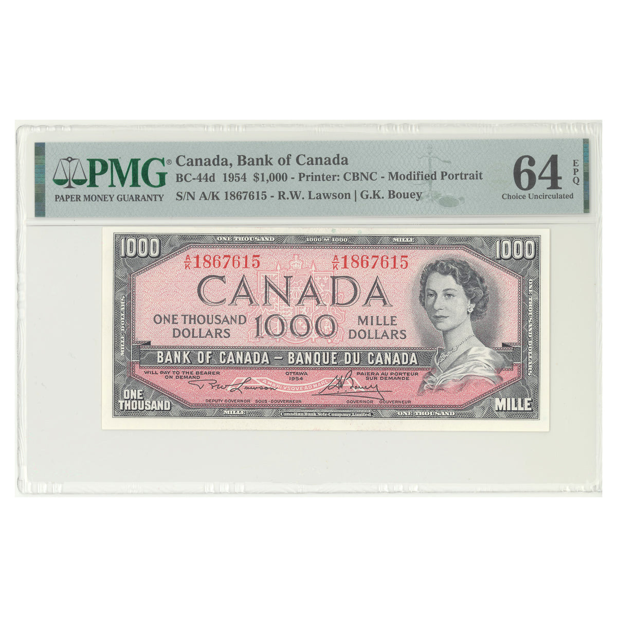 $1000 1954 Modified Series BC-44d English Consecutive Lawson-Bouey Prefix A/K PMG CUNC-64