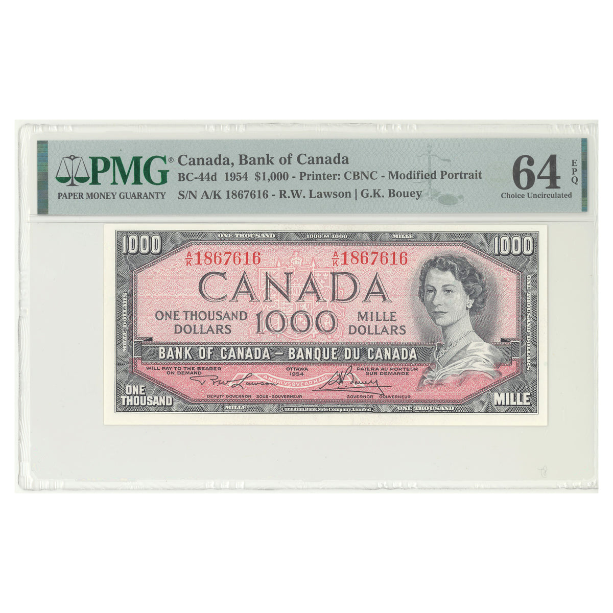 $1000 1954 Modified Series BC-44d English Consecutive Lawson-Bouey Prefix A/K PMG CUNC-64