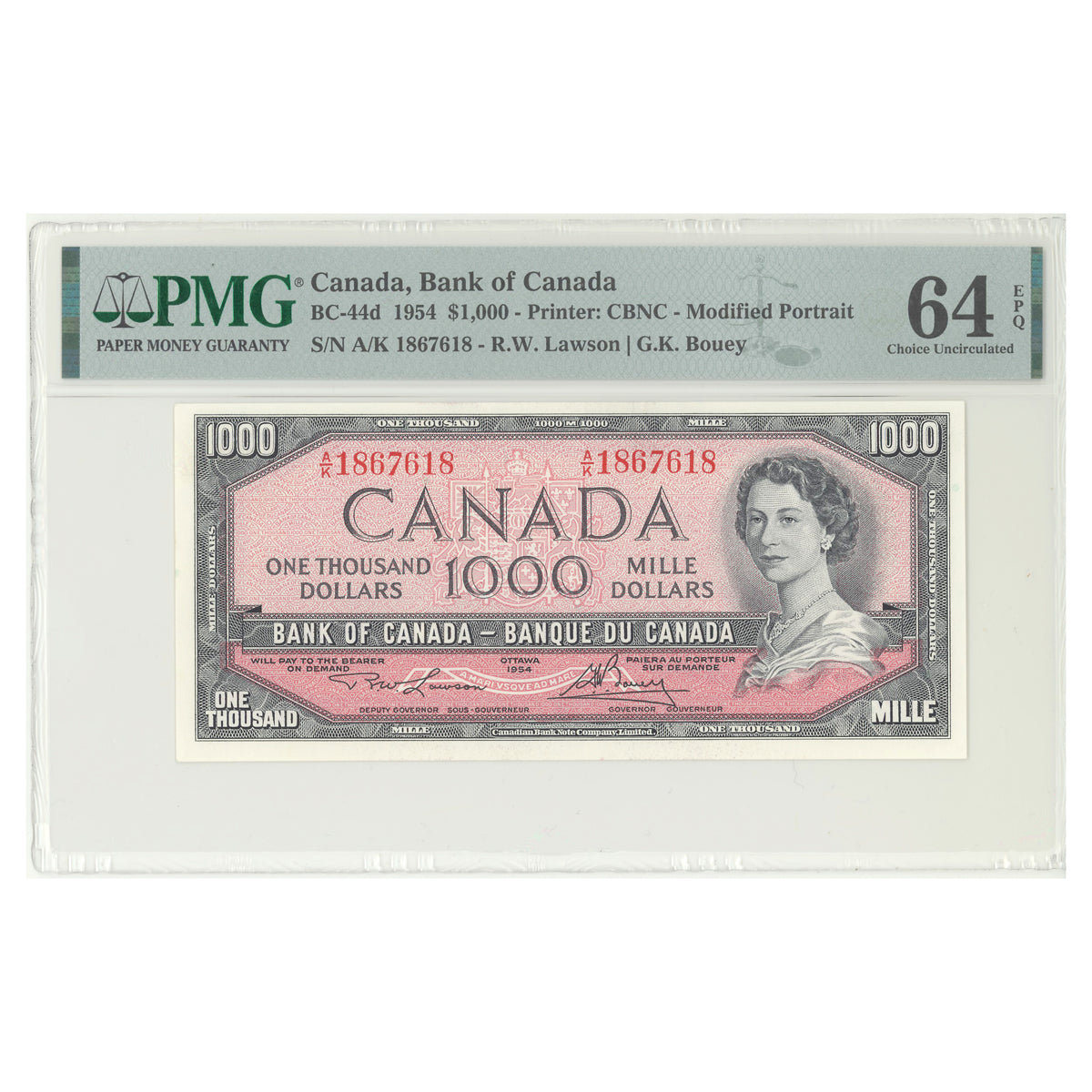 $1000 1954 Modified Series BC-44d English Consecutive Lawson-Bouey Prefix A/K PMG CUNC-64