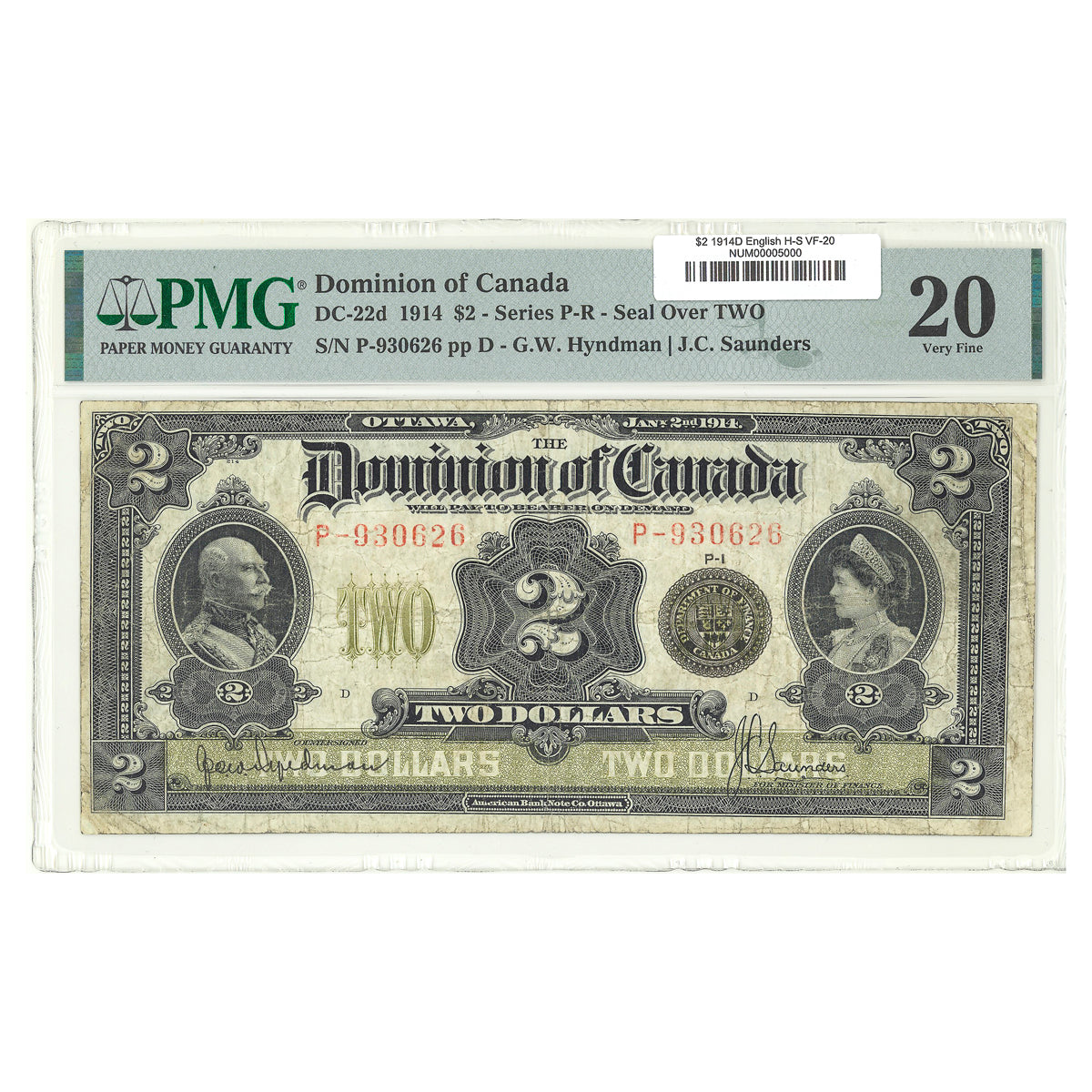 $2 1914D DC-22d English Dominion Bank Hyndman-Saunders Prefix P PMG VF-20