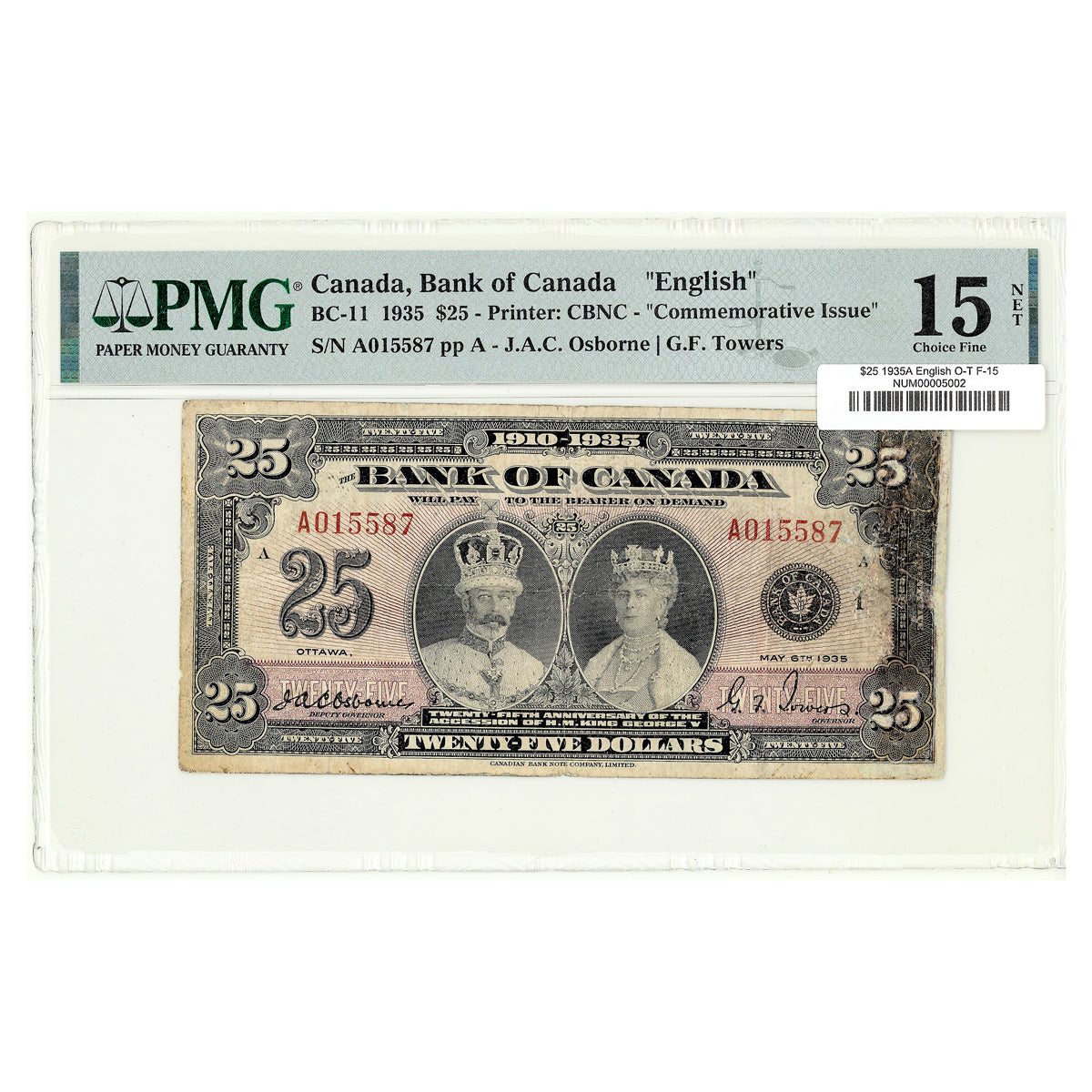 $25 1935A BC-11 English The Bank of Canada Osborne-Towers Prefix A PMG F-15