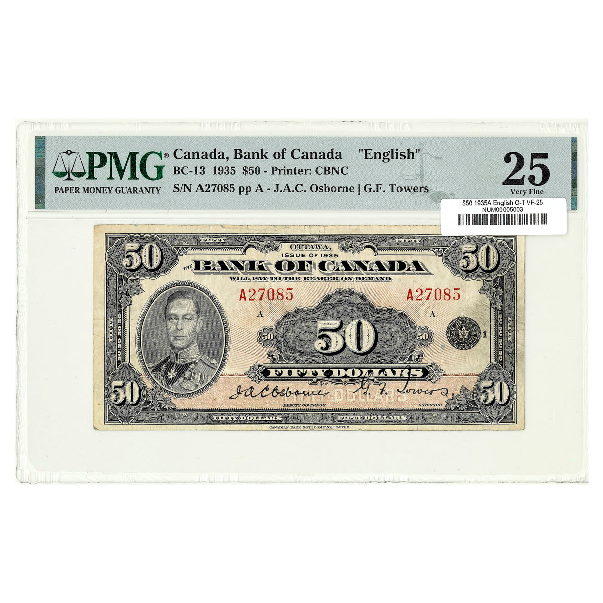 $50 1935A BC-13 English The Bank of Canada Osborne-Towers Prefix A PMG VF-25