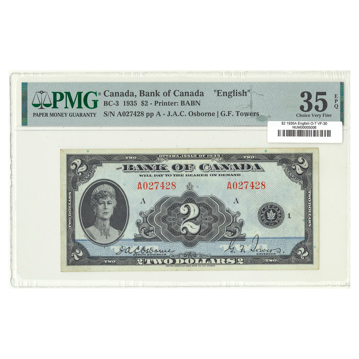 $2 1935A BC-3 English The Bank of Canada Osborne-Towers Prefix A PMG VF-30