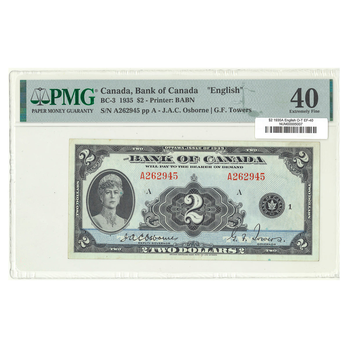 $2 1935A BC-3 English The Bank of Canada Osborne-Towers Prefix A PMG EF-40