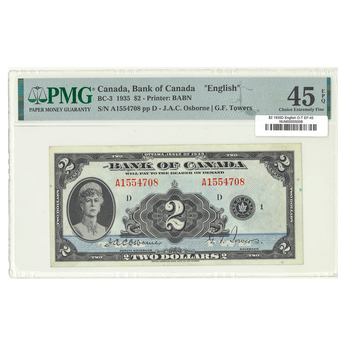 $2 1935D BC-3 English The Bank of Canada Osborne-Towers Prefix A PMG EF-45