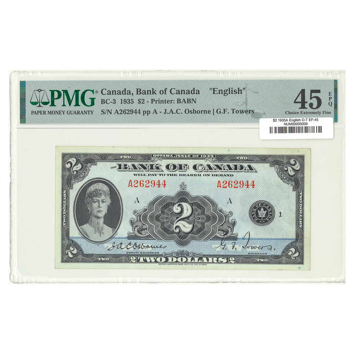 $2 1935A BC-3 English The Bank of Canada Osborne-Towers Prefix A PMG EF-45