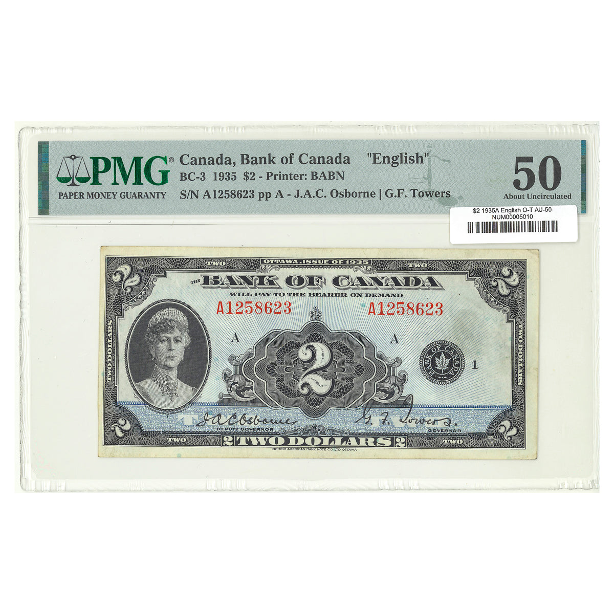 $2 1935A BC-3 English The Bank of Canada Osborne-Towers Prefix A PMG AU-50