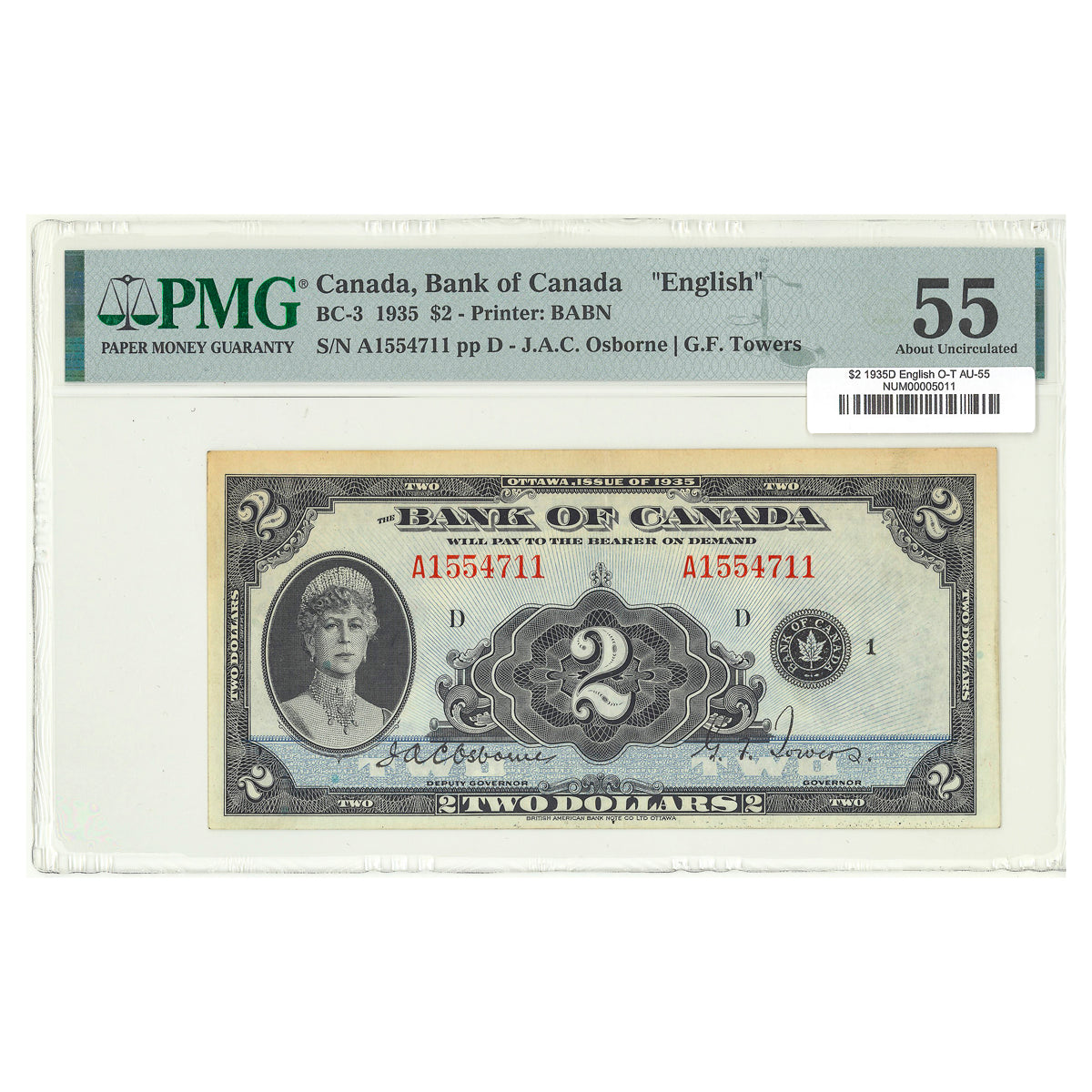 $2 1935D BC-3 English The Bank of Canada Osborne-Towers Prefix A PMG AU-55