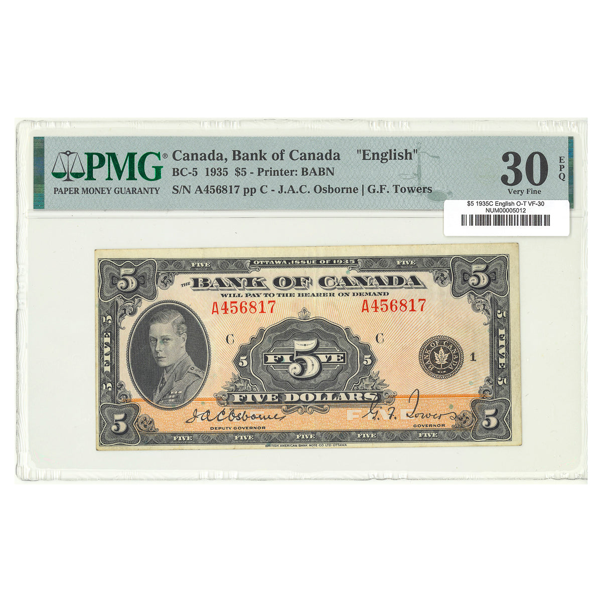 $5 1935C BC-5 English The Bank of Canada Osborne-Towers Prefix A PMG VF-30