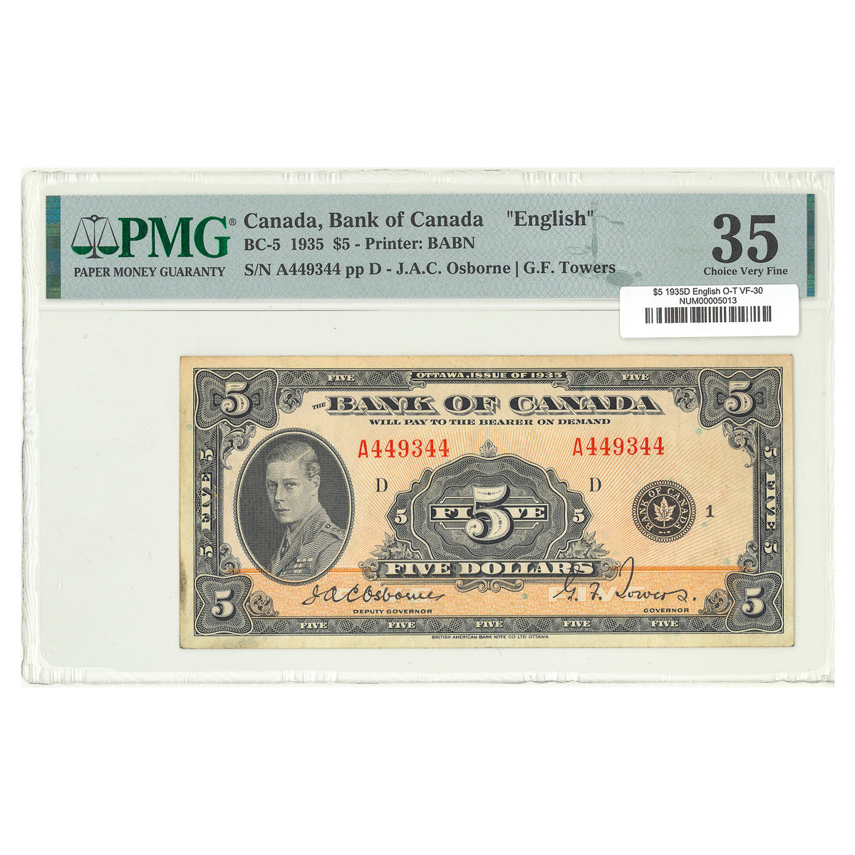 $5 1935D BC-5 English The Bank of Canada Osborne-Towers Prefix A PMG VF-30