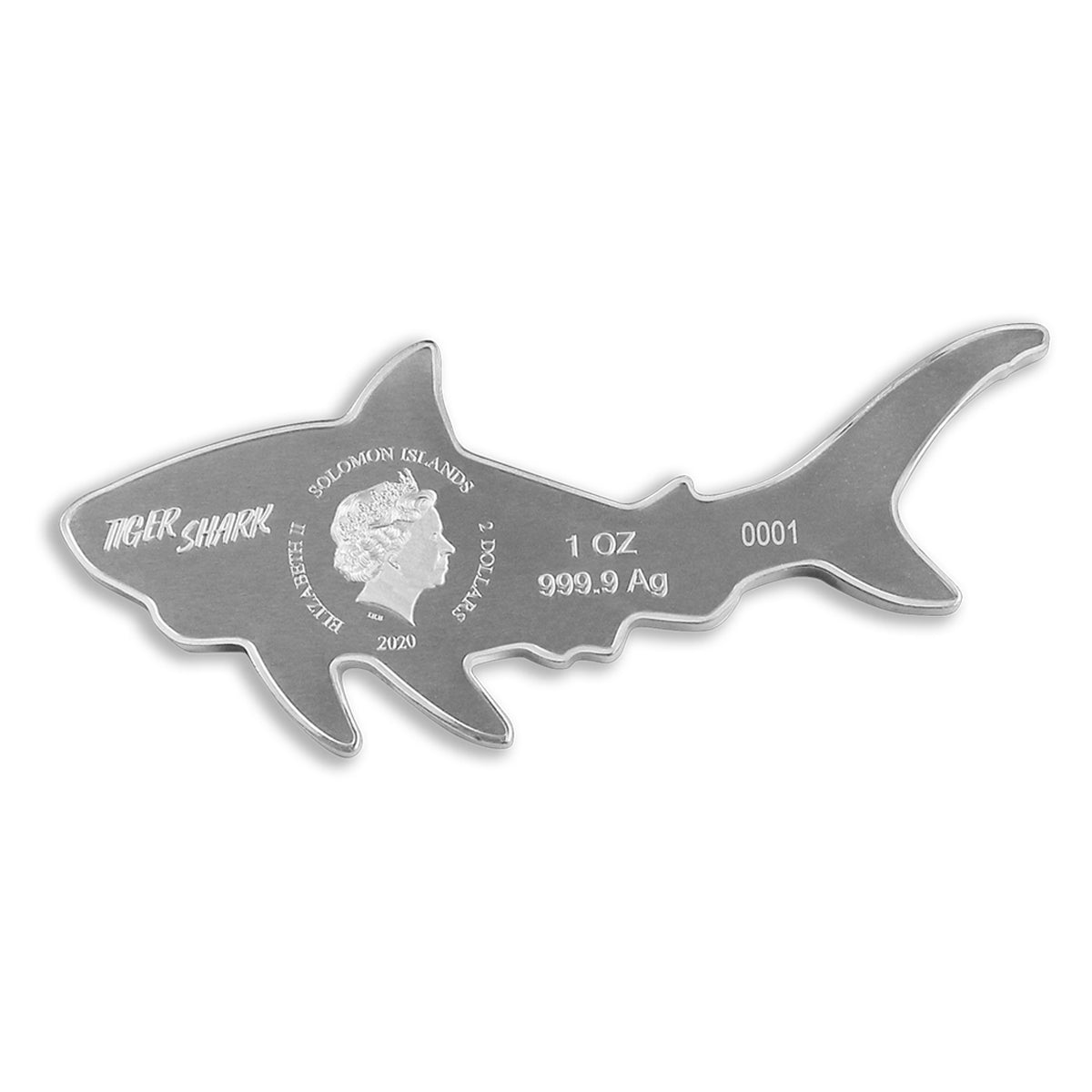 2020 $2 Hunters of the Deep: Tiger Shark - Pure Silver Shaped Coin