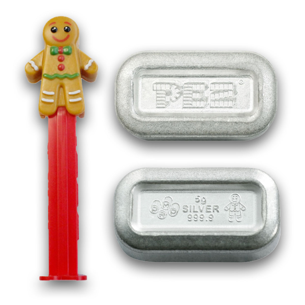 2020 PEZ Gingerbread Man Silver Wafers and Dispenser - Pure Silver Set