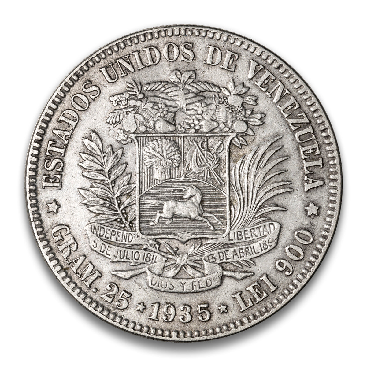 Venezuela Silver 5 Bolivares 1935