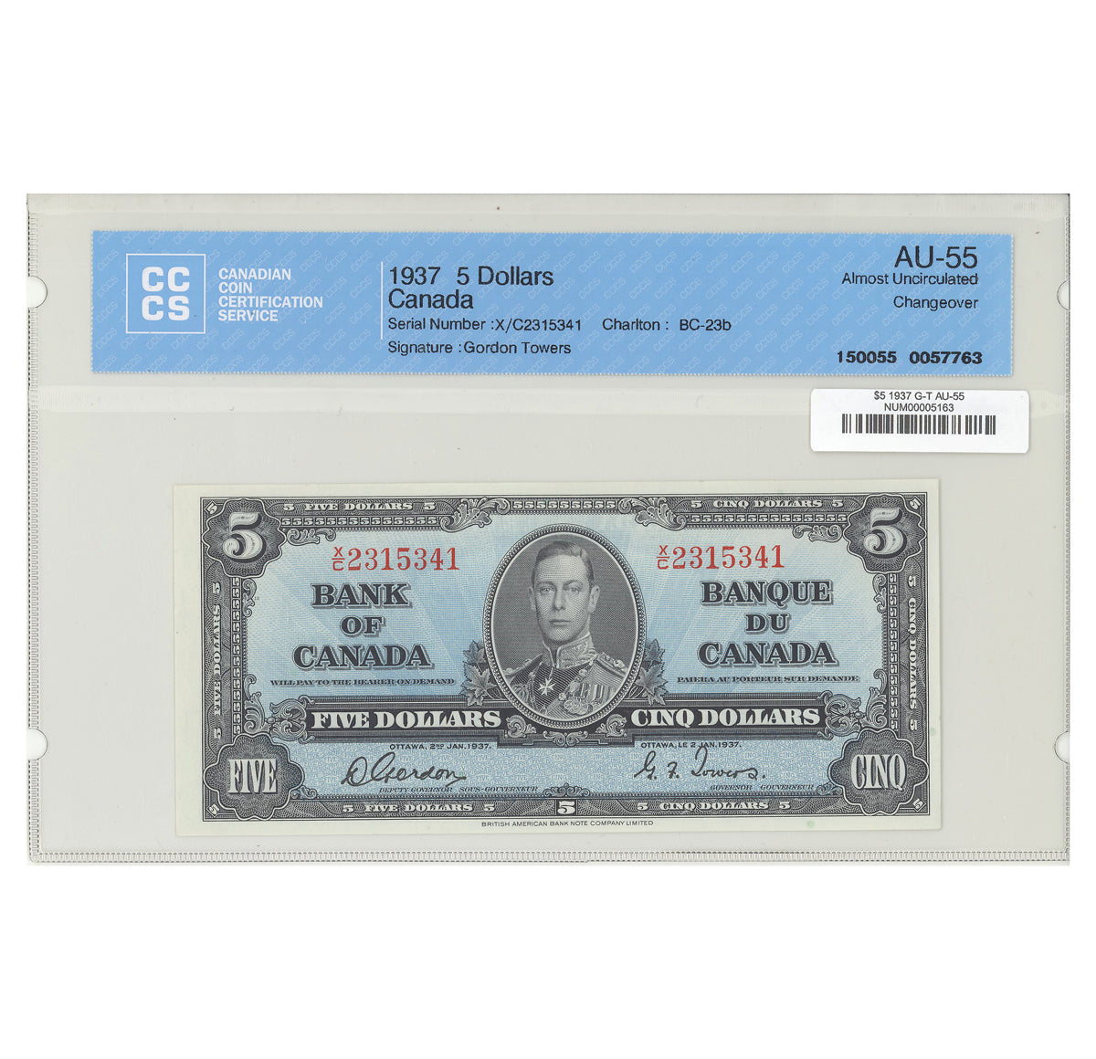 $5 1937 BC-23b Gordon-Towers Prefix X/C CCCS AU-55