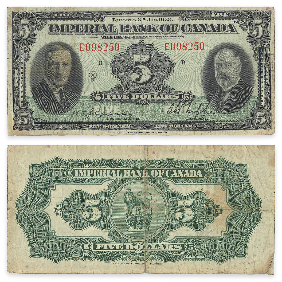 $5 1939 375-24-05 Imperial Bank of Canada Jaffray-Phipps Prefix E F-12