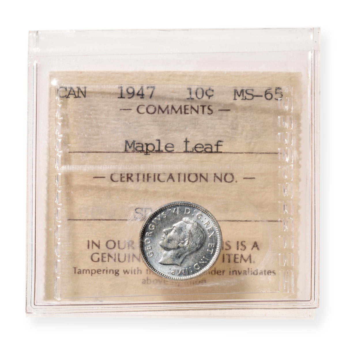 10 Cent 1947 Maple Leaf ICCS MS-65