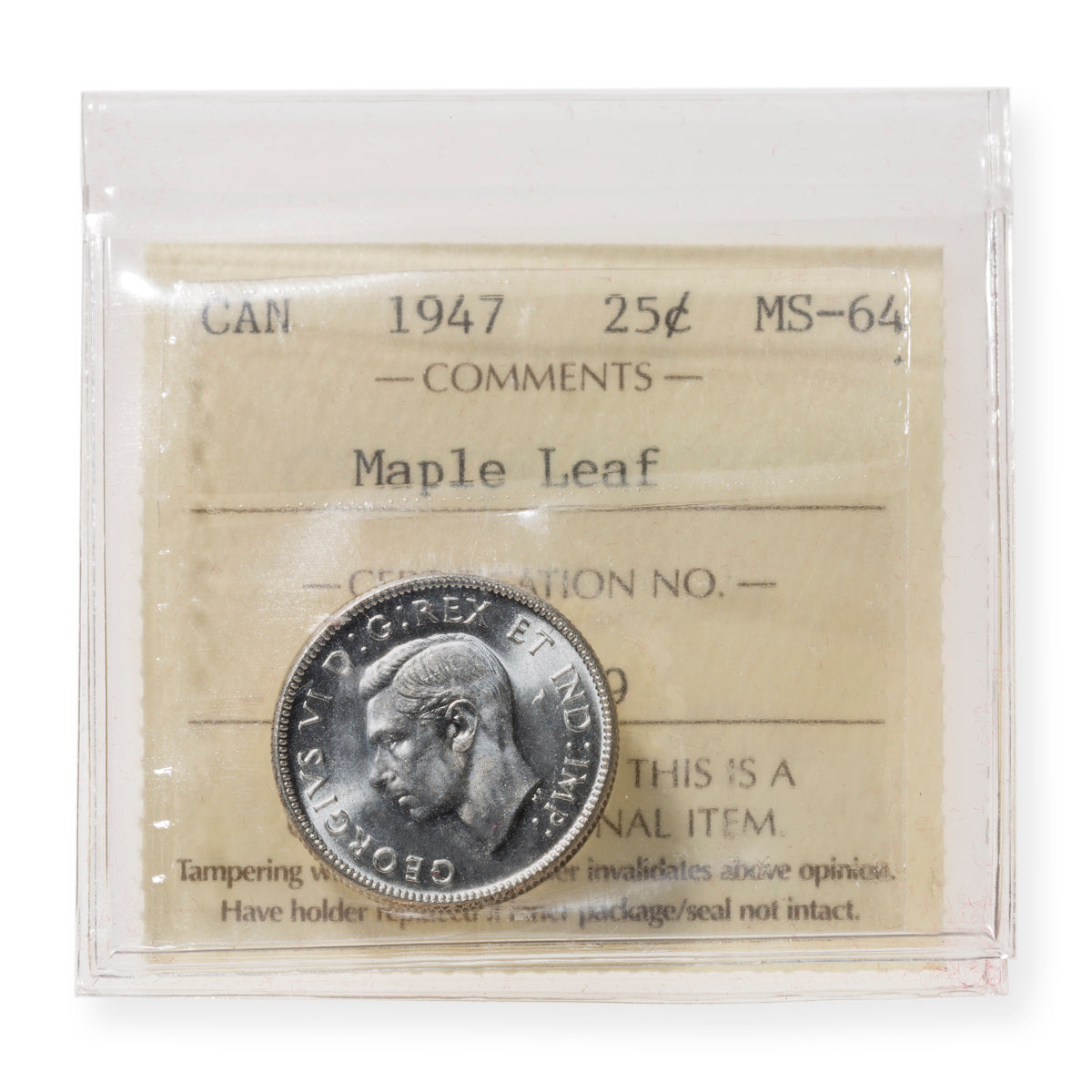 25 Cent 1947 Maple Leaf ICCS MS-64