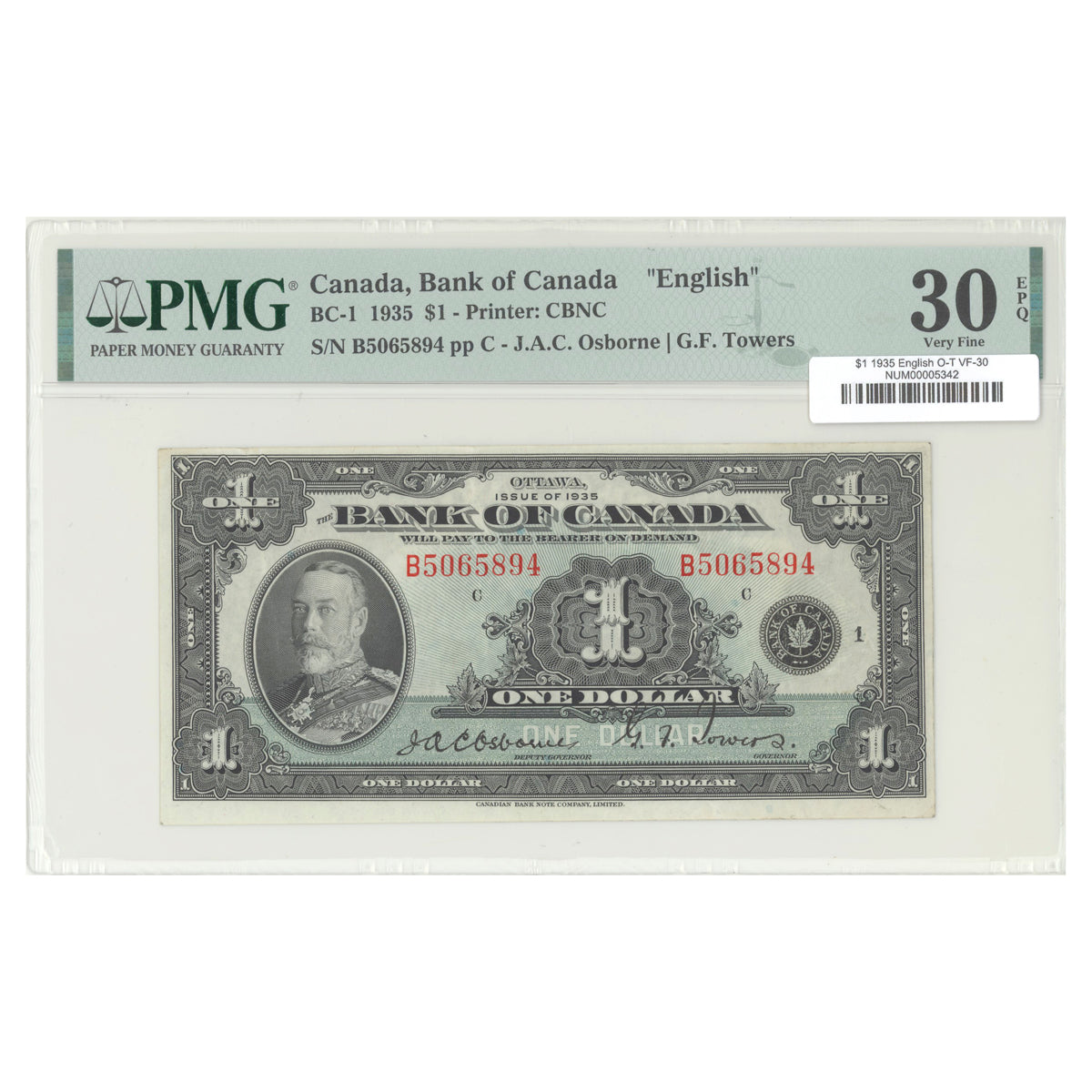 $1 1935 BC-1 English The Bank of Canada Osborne-Towers Prefix B PMG VF-30