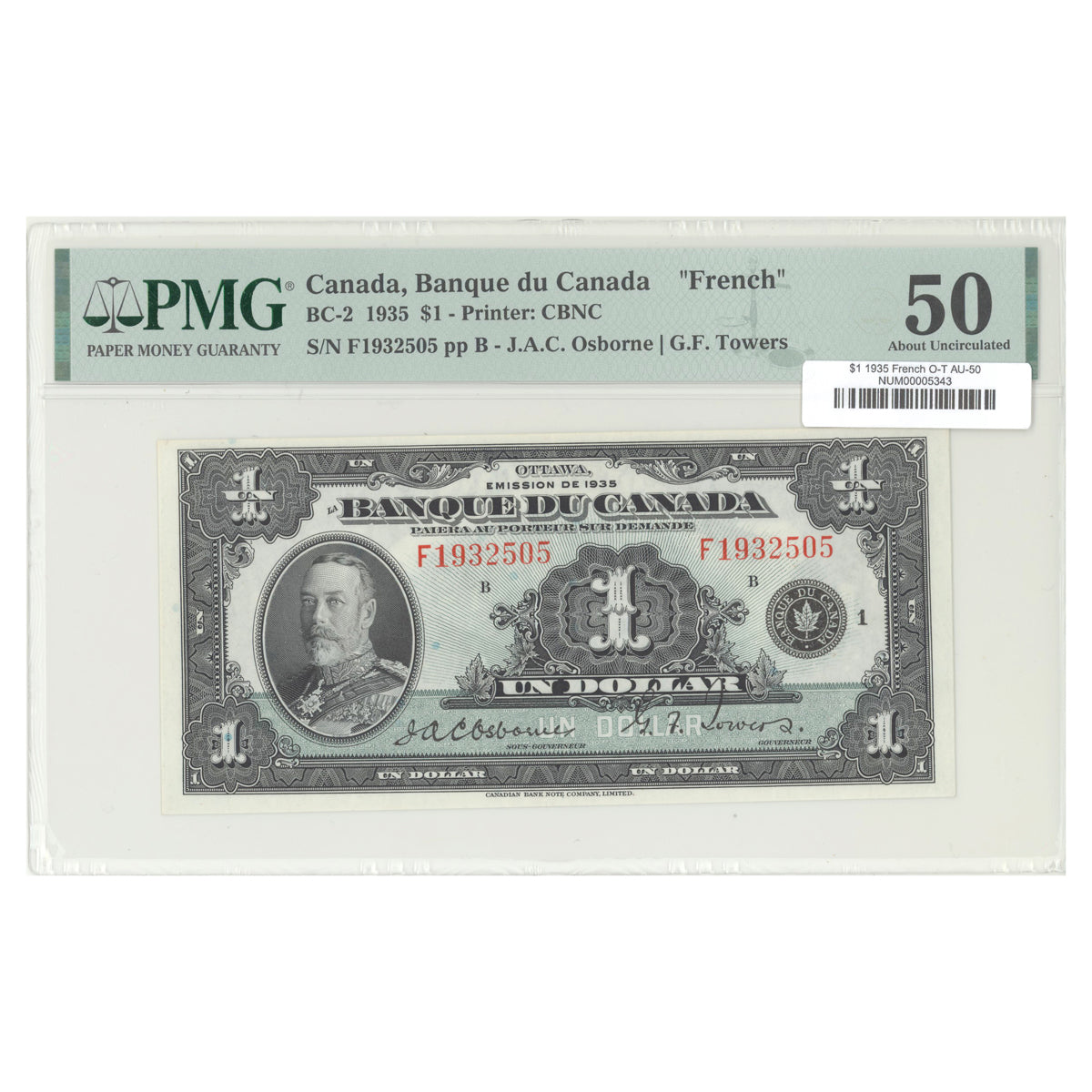 $1 1935 BC-2 French The Bank of Canada Osborne-Towers Prefix F PMG AU-50