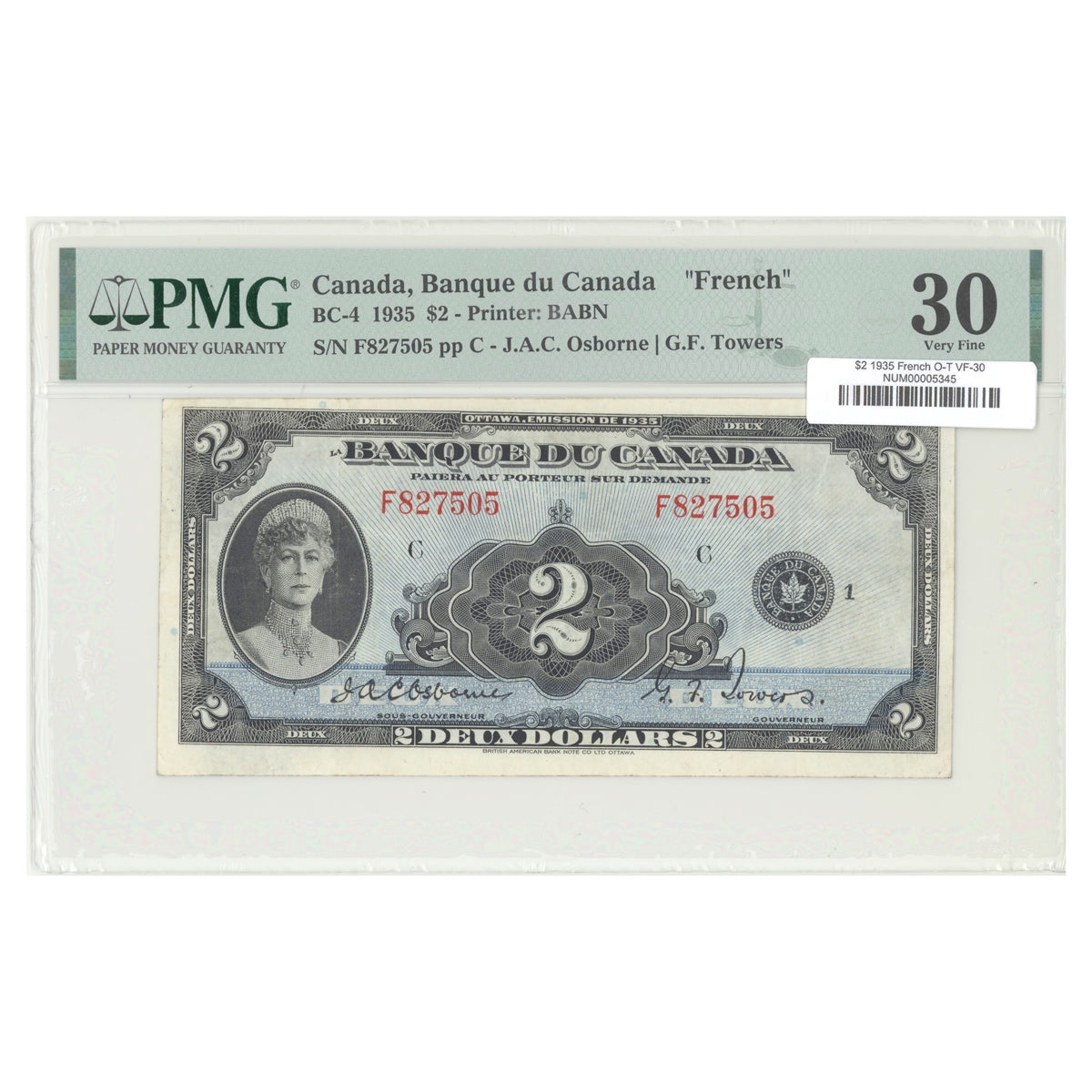 $2 1935 BC-4 French The Bank of Canada Osborne-Towers Prefix F PMG VF-30