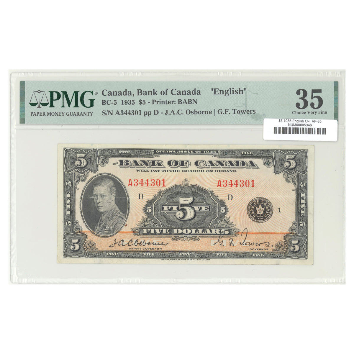 $5 1935 BC-5 English The Bank of Canada Osborne-Towers Prefix A PMG VF-35