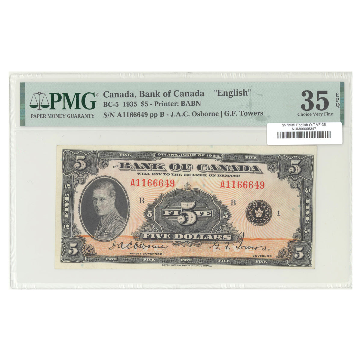 $5 1935 BC-5 English The Bank of Canada Osborne-Towers Prefix A PMG VF-35