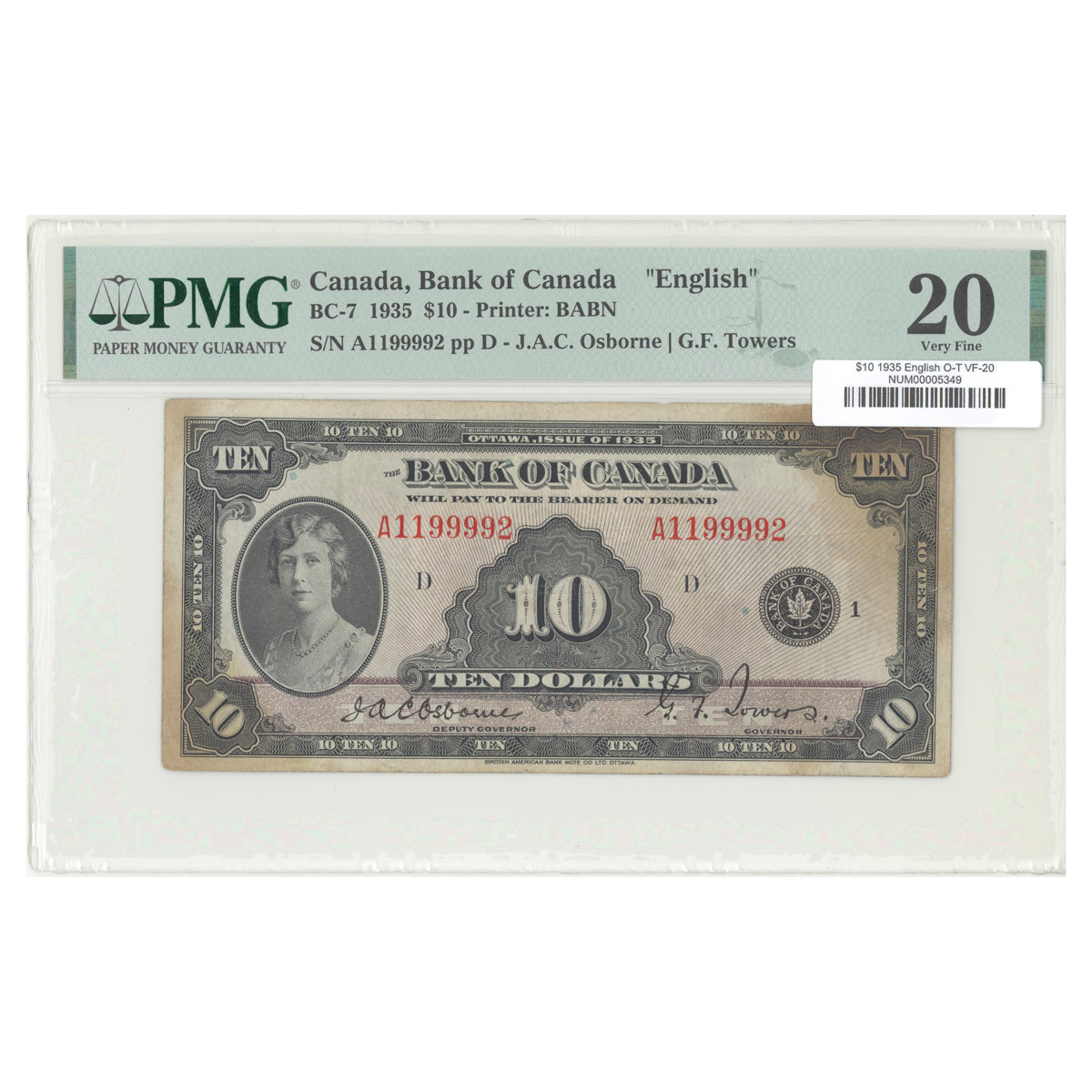 $10 1935 BC-7 English The Bank of Canada Osborne-Towers Prefix A PMG VF-20