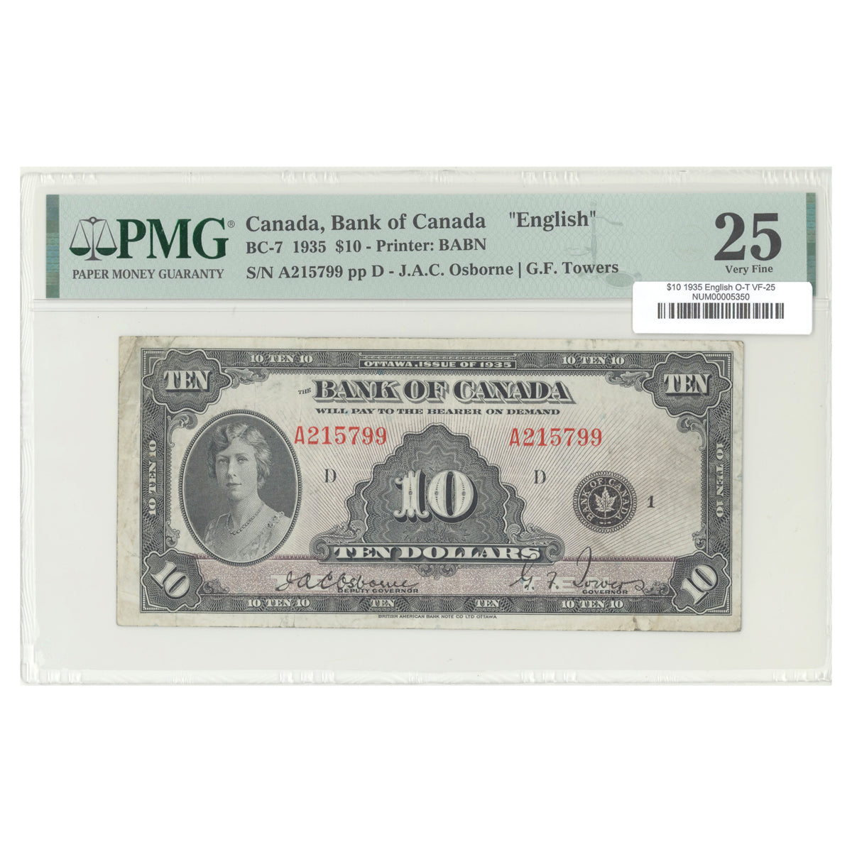 $10 1935 BC-7 English The Bank of Canada Osborne-Towers Prefix A PMG VF-25