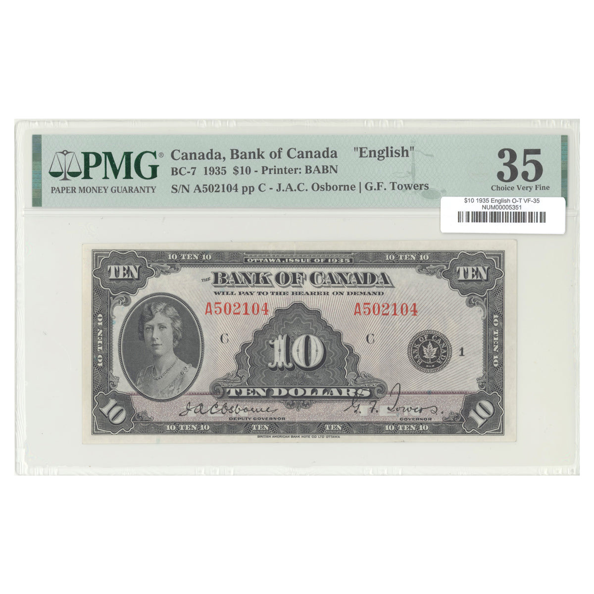 $10 1935 BC-7 English The Bank of Canada Osborne-Towers Prefix A PMG VF-35