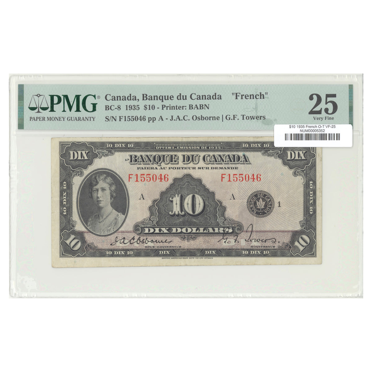 $10 1935 BC-8 French The Bank of Canada Osborne-Towers Prefix F PMG VF-25