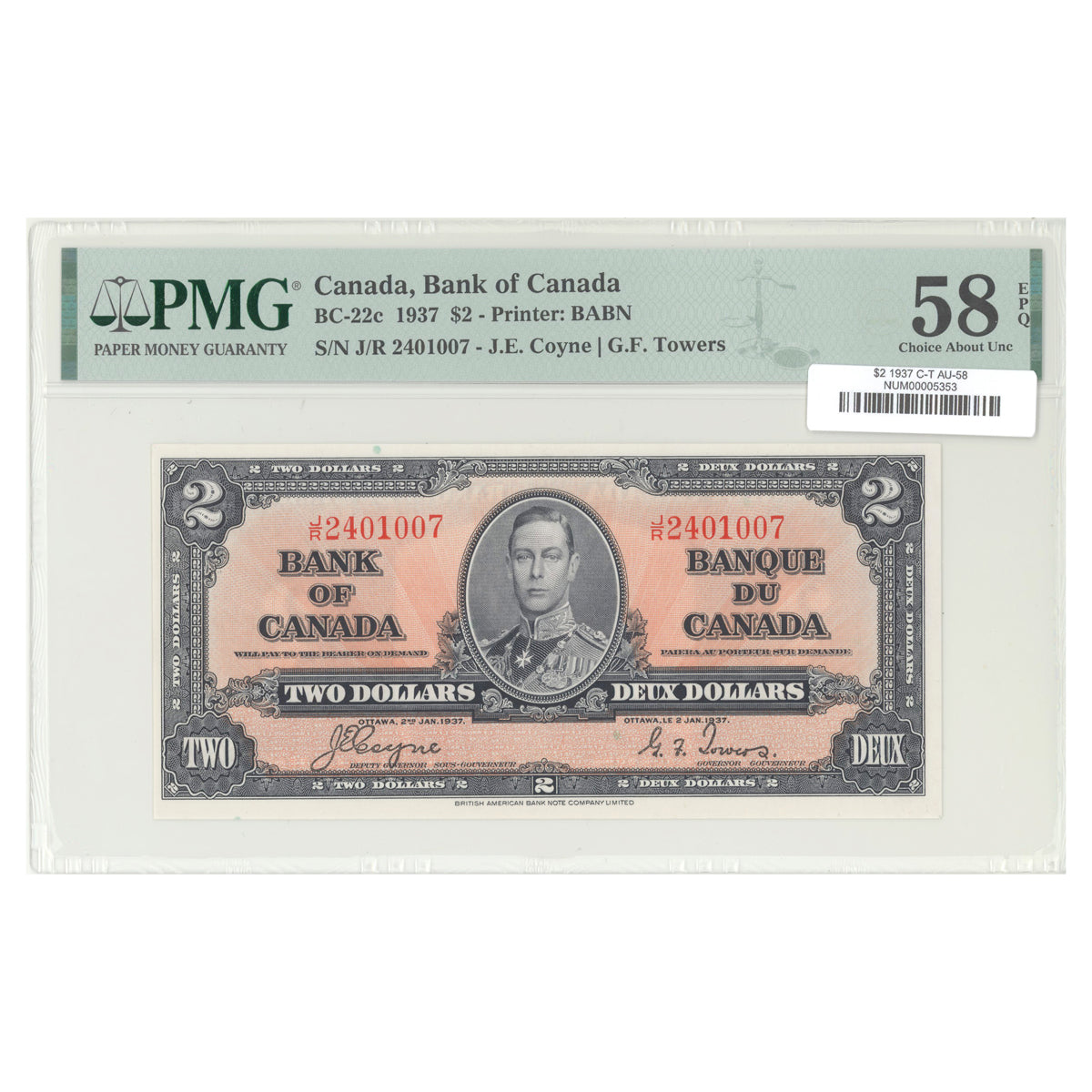 $2 1937 BC-22c The Bank of Canada Coyne-Towers Prefix J/R PMG AU-58