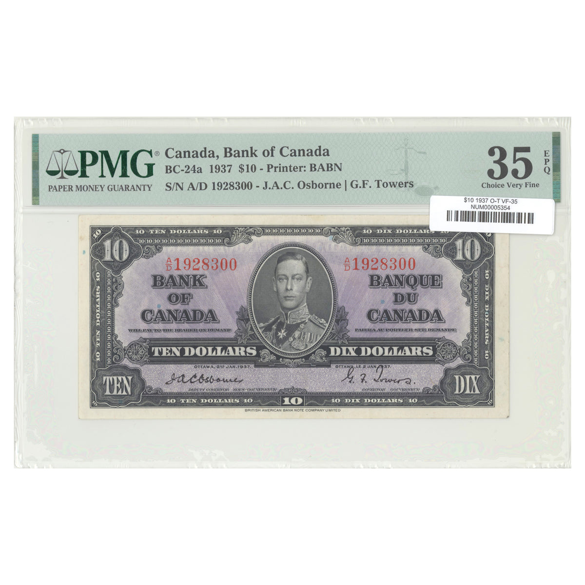 $10 1937 BC-24a The Bank of Canada Osborne-Towers Prefix A/D PMG VF-35