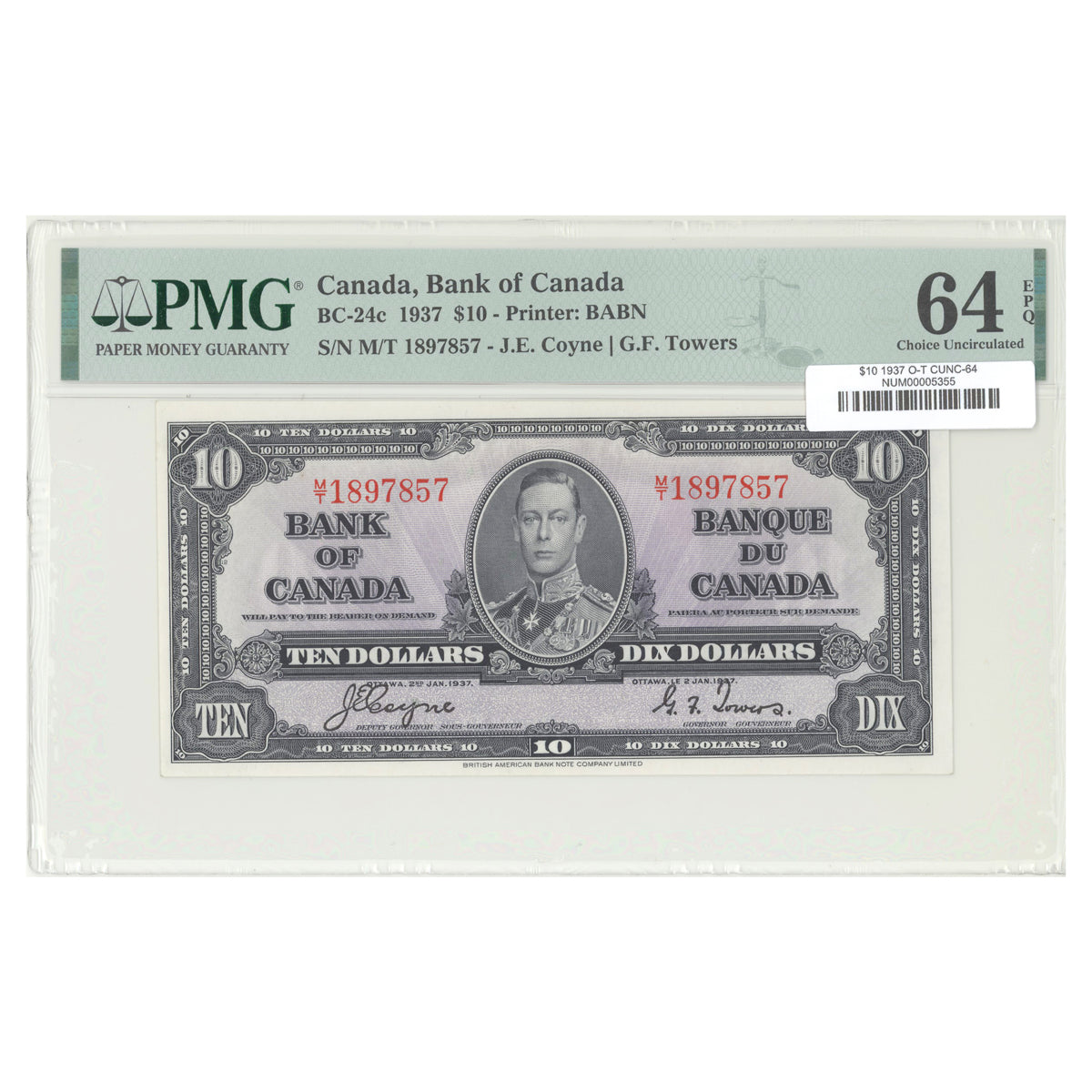 $10 1937 BC-24c The Bank of Canada Osborne-Towers Prefix M/T PMG CUNC-64