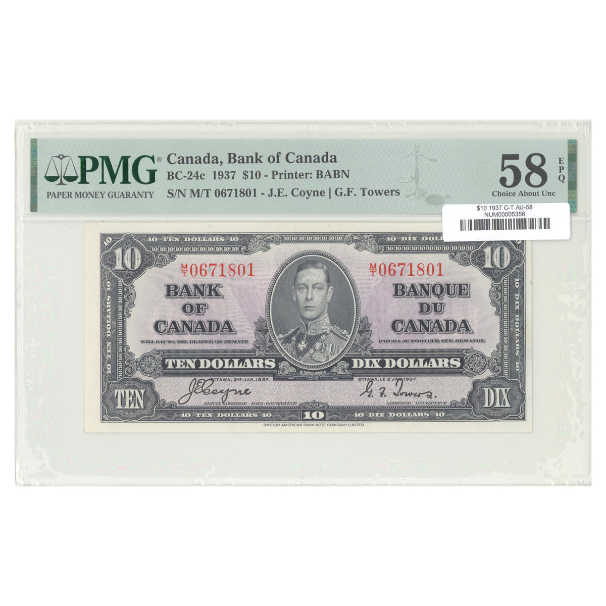 $10 1937 BC-24c The Bank of Canada Coyne-Towers Prefix M/T PMG AU-58