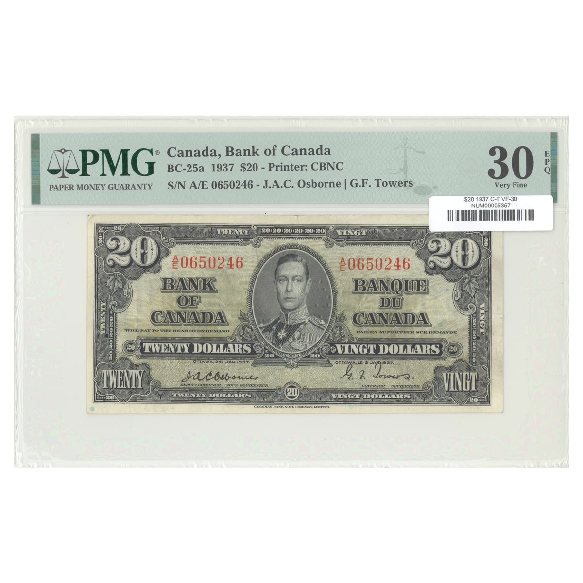 $20 1937 BC-25a The Bank of Canada Coyne-Towers Prefix A/E PMG VF-30