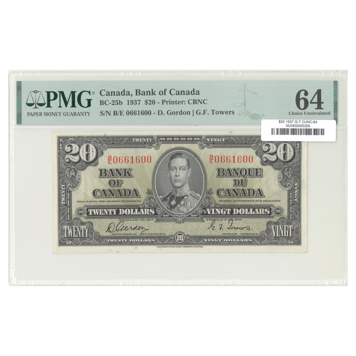 $20 1937 BC-25b The Bank of Canada Gordon-Towers Prefix B/E PMG CUNC-64