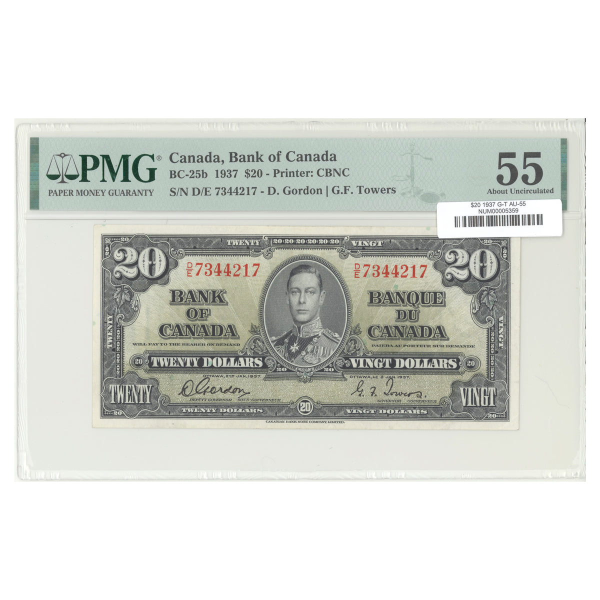 $20 1937 BC-25b The Bank of Canada Gordon-Towers Prefix D/E PMG AU-55