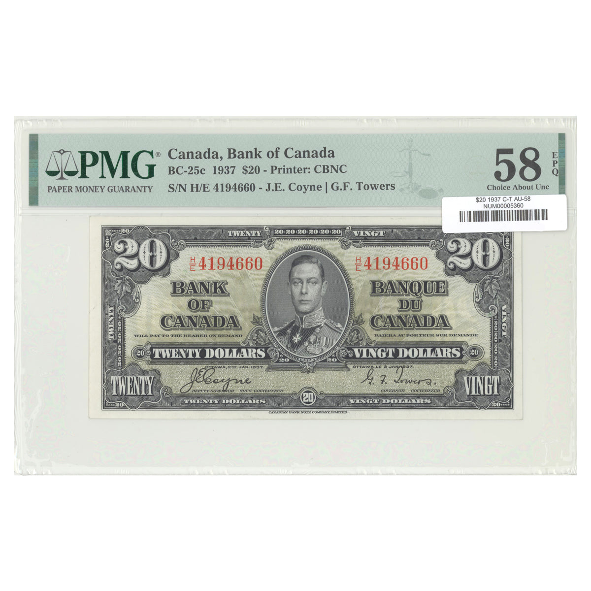 $20 1937 BC-25c The Bank of Canada Coyne-Towers Prefix H/E PMG AU-58