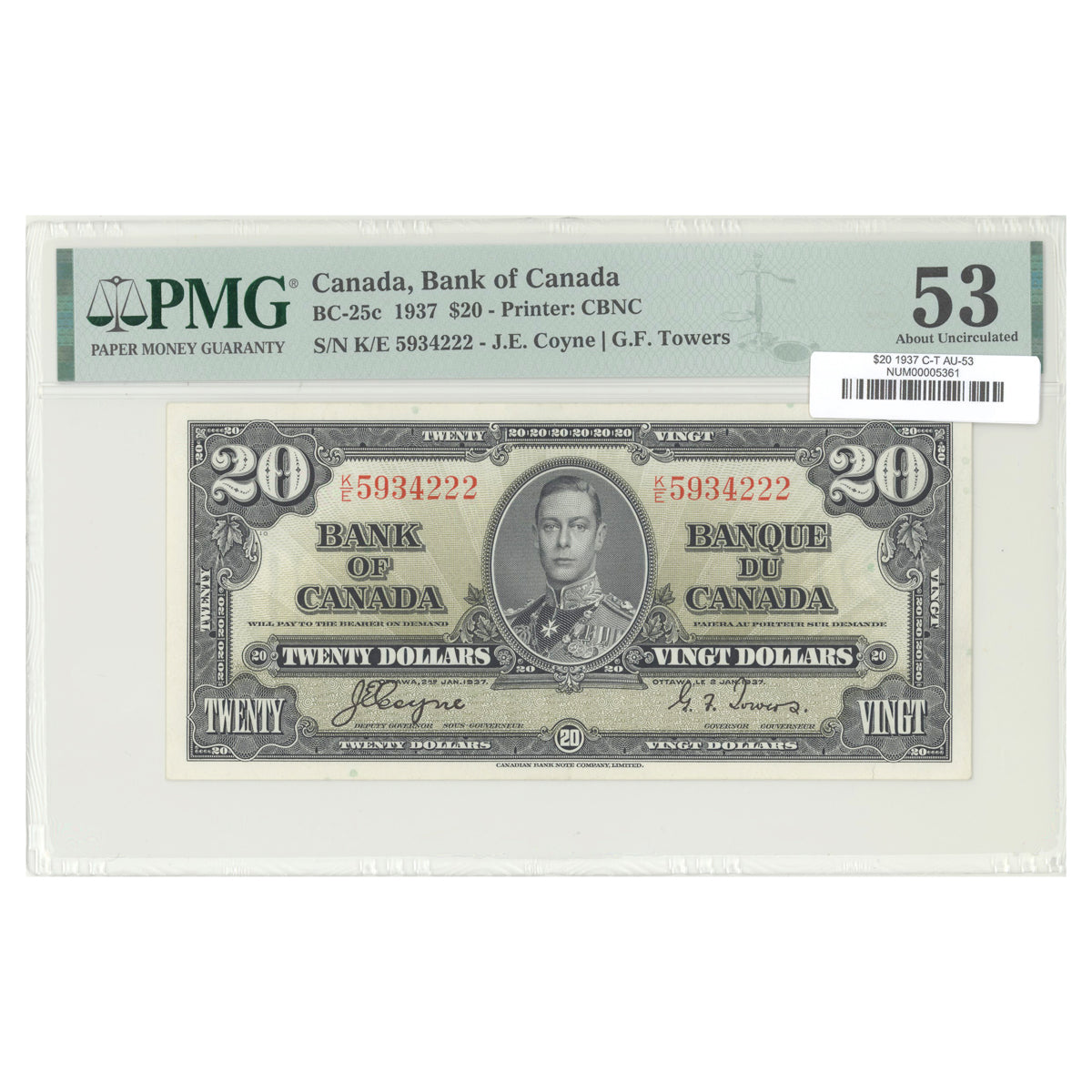 $20 1937 BC-25c The Bank of Canada Coyne-Towers Prefix K/E PMG AU-53