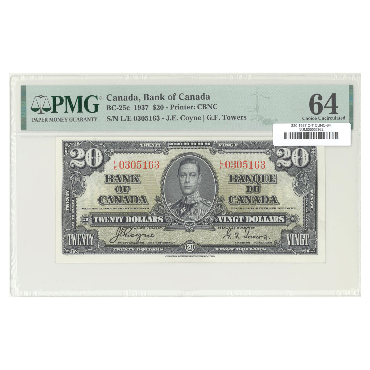 $20 1937 BC-25c The Bank of Canada Coyne-Towers Prefix L/E PMG CUNC-64