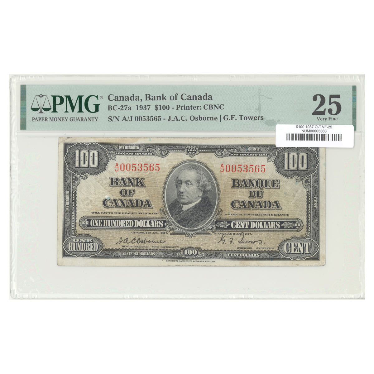 $100 1937 BC-27a The Bank of Canada Osborne-Towers Prefix A/J PMG VF-25