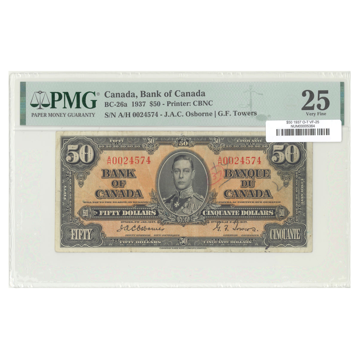 $50 1937 BC-26a The Bank of Canada Osborne-Towers Prefix A/H PMG VF-25