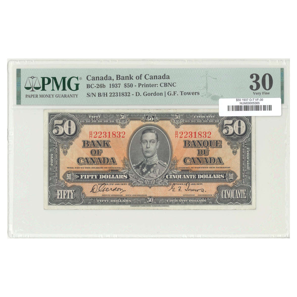 $50 1937 BC-26b The Bank of Canada Osborne-Towers Prefix B/H PMG VF-30